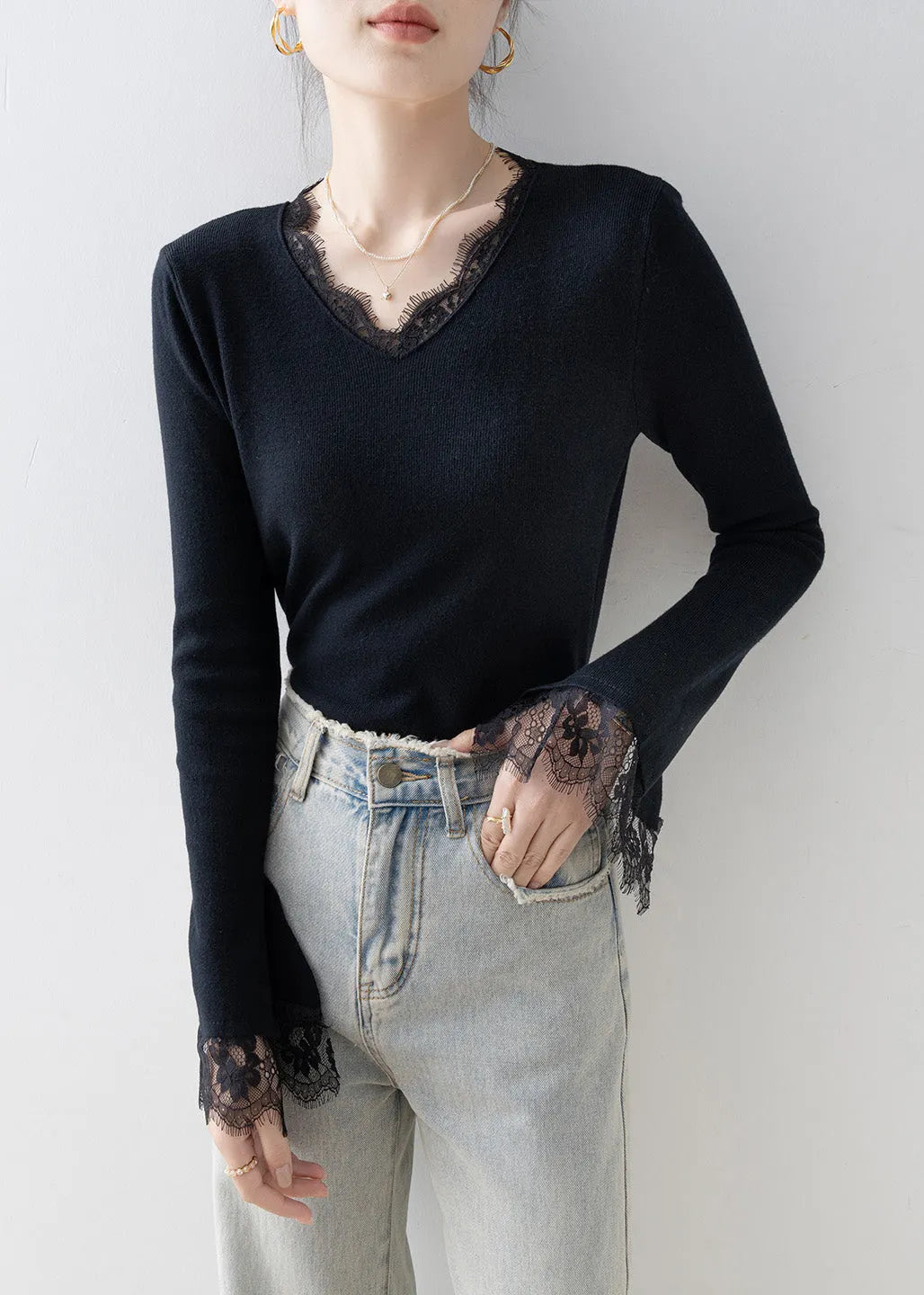 French White V Neck Lace Patchwork Knit Top Flare Sleeve