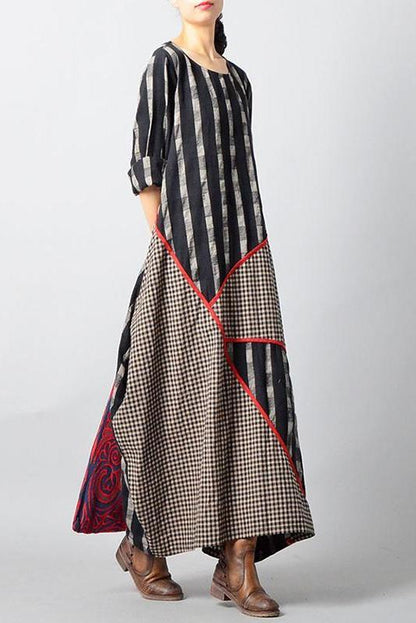 Limited Stock- Stripes Plaid Spliced Irregular Cotton Linen Dress