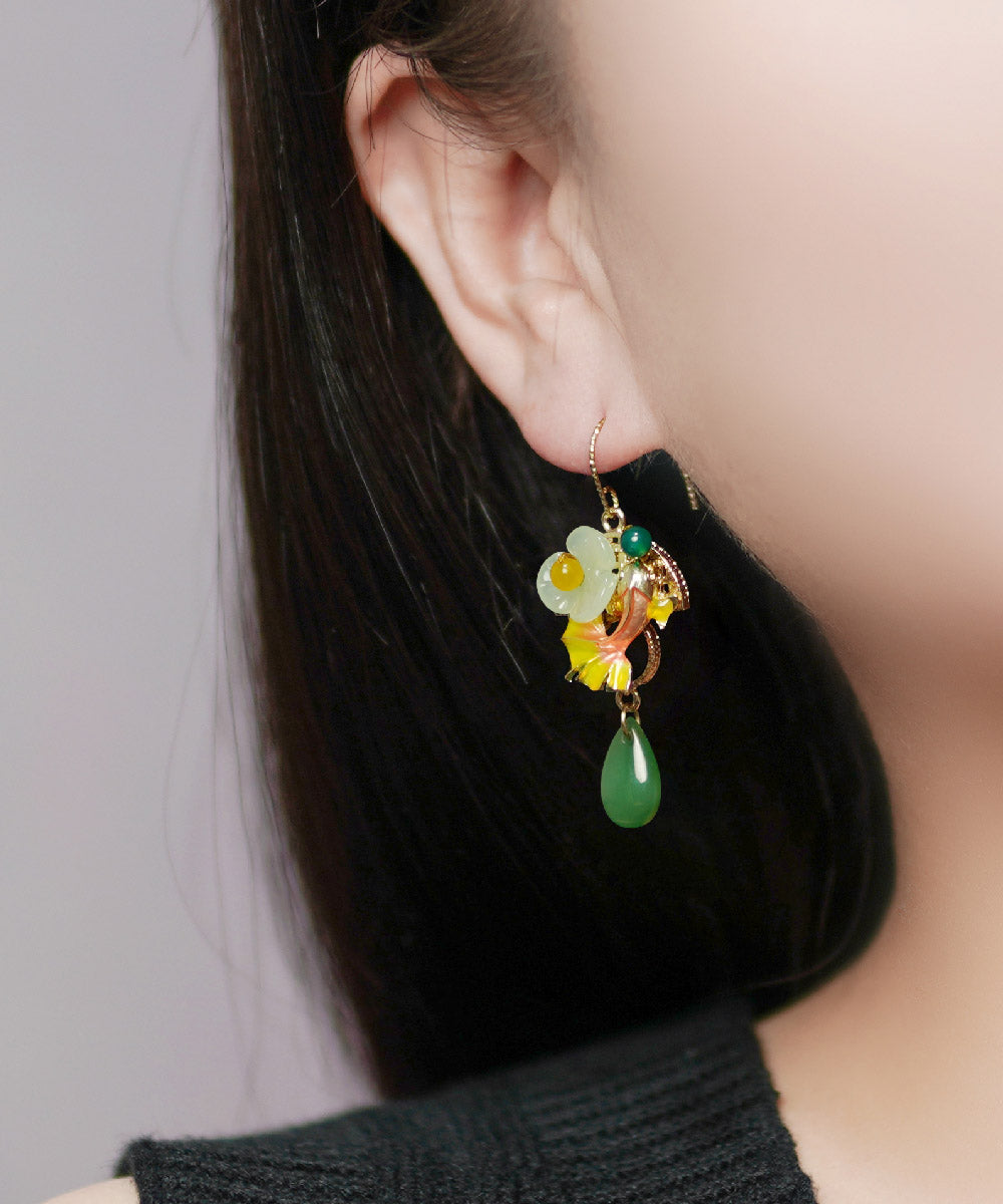 Green Coloured Glaze Chalcedony Agate Cloisonne Fish Drip Drop Earrings