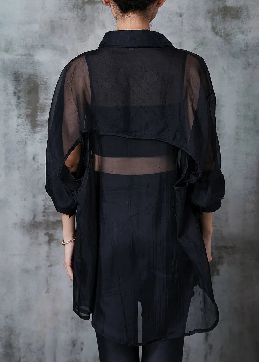 Black Oversized Back Hollow Out Tulle Long Shirts Summer