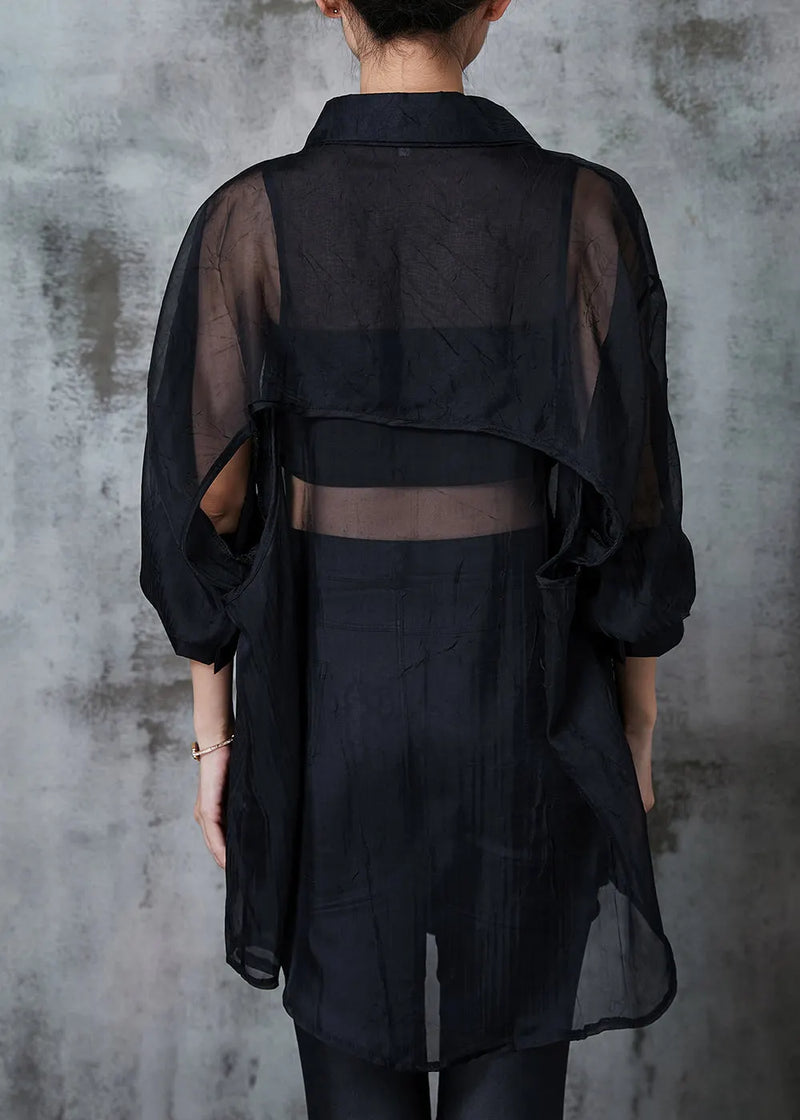 Black Oversized Back Hollow Out Tulle Long Shirts Summer