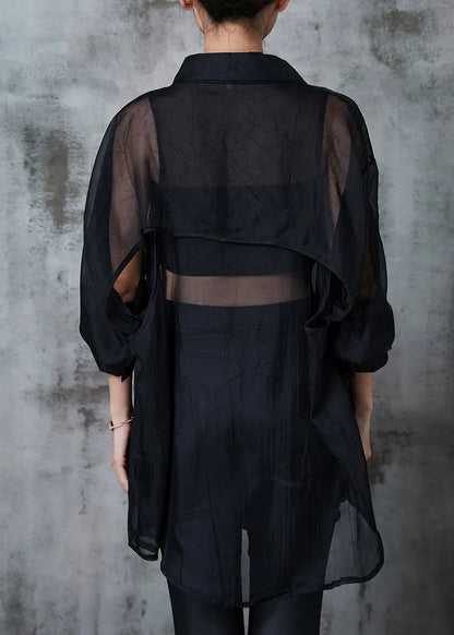Black Oversized Back Hollow Out Tulle Long Shirts Summer