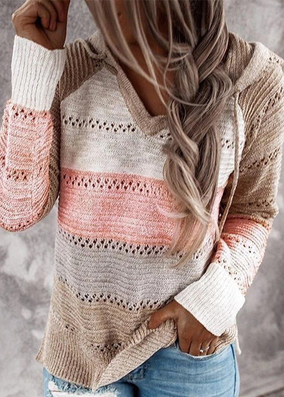 Pink Hooded Hollow Out Thin Knit Top Fall