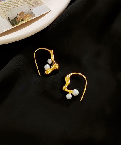 Gold Copper Asymmetrical Pearl Hoop Earrings