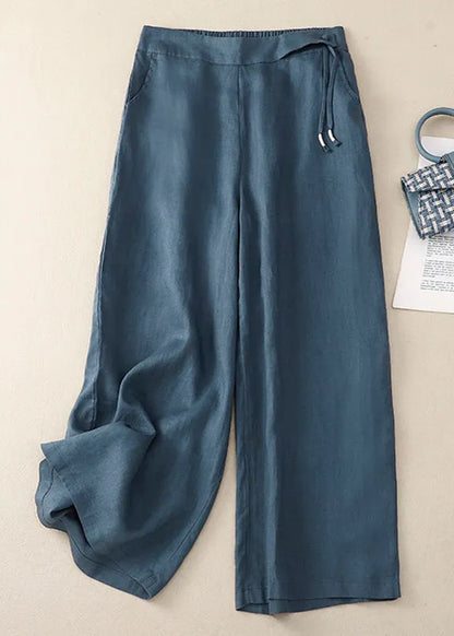 New Yellow Button High Waist Cotton Wide Leg Pants Summer