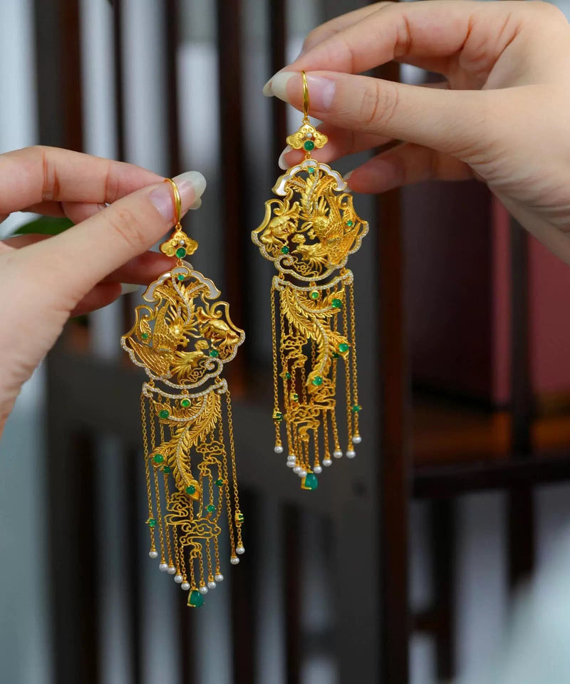 Chinese Style Gold Sterling Silver Overgild Pearl Phoenix Tassel Drop Earrings