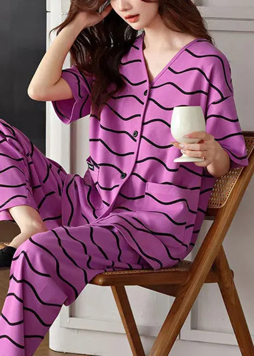 Purple V Neck Striped Pockets Cotton Pajamas Two Pieces Set Summer