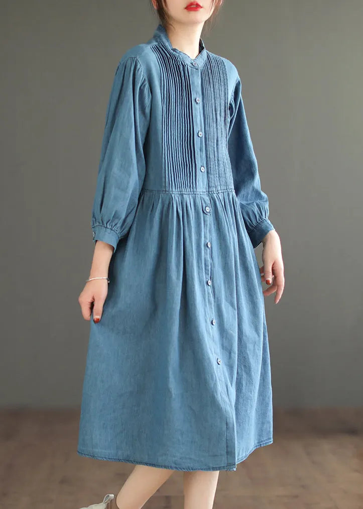 Loose Light Blue Wrinkled Button Denim Shirt Dress Spring