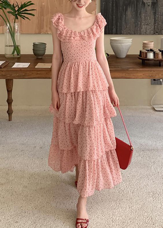 Pink Ruffled Print Chiffon Long Dress Summer