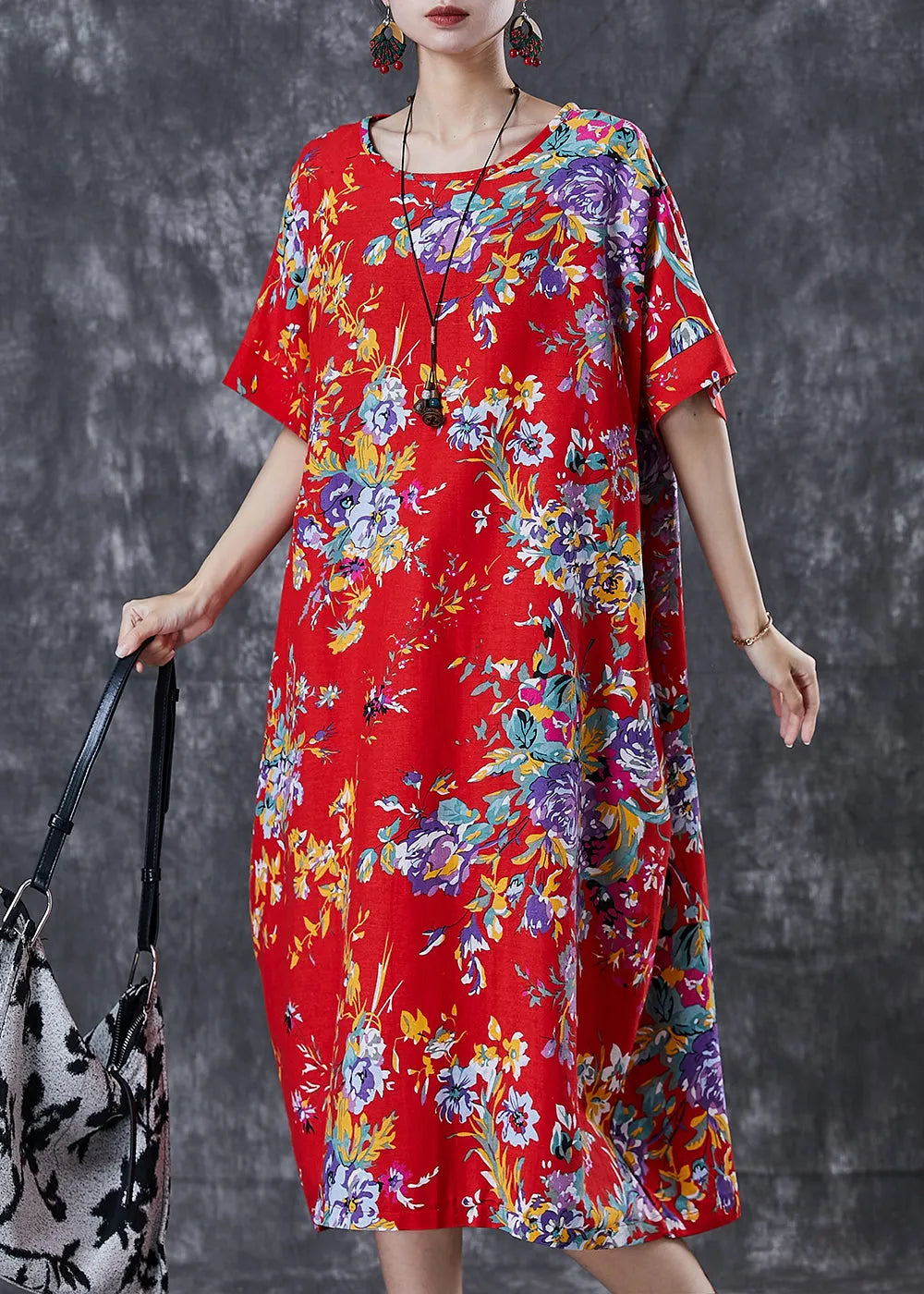 Red Print Cotton Maxi Dress Oversized Summer