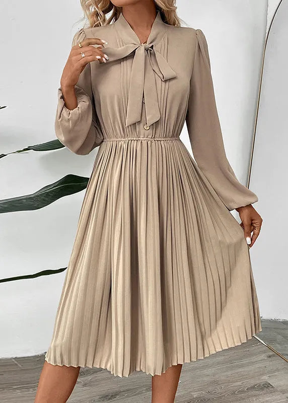New Apricot Bow Long Sleeved Pleated Dress