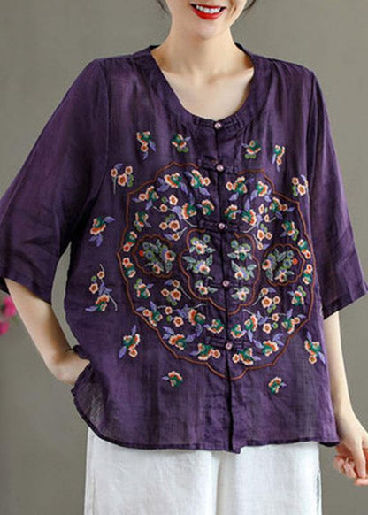 Orange Embroidered Oriental Ramie Top Summer