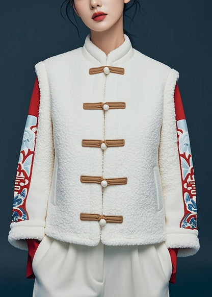 White Button Print Teddy Faux Fur Coat Winter