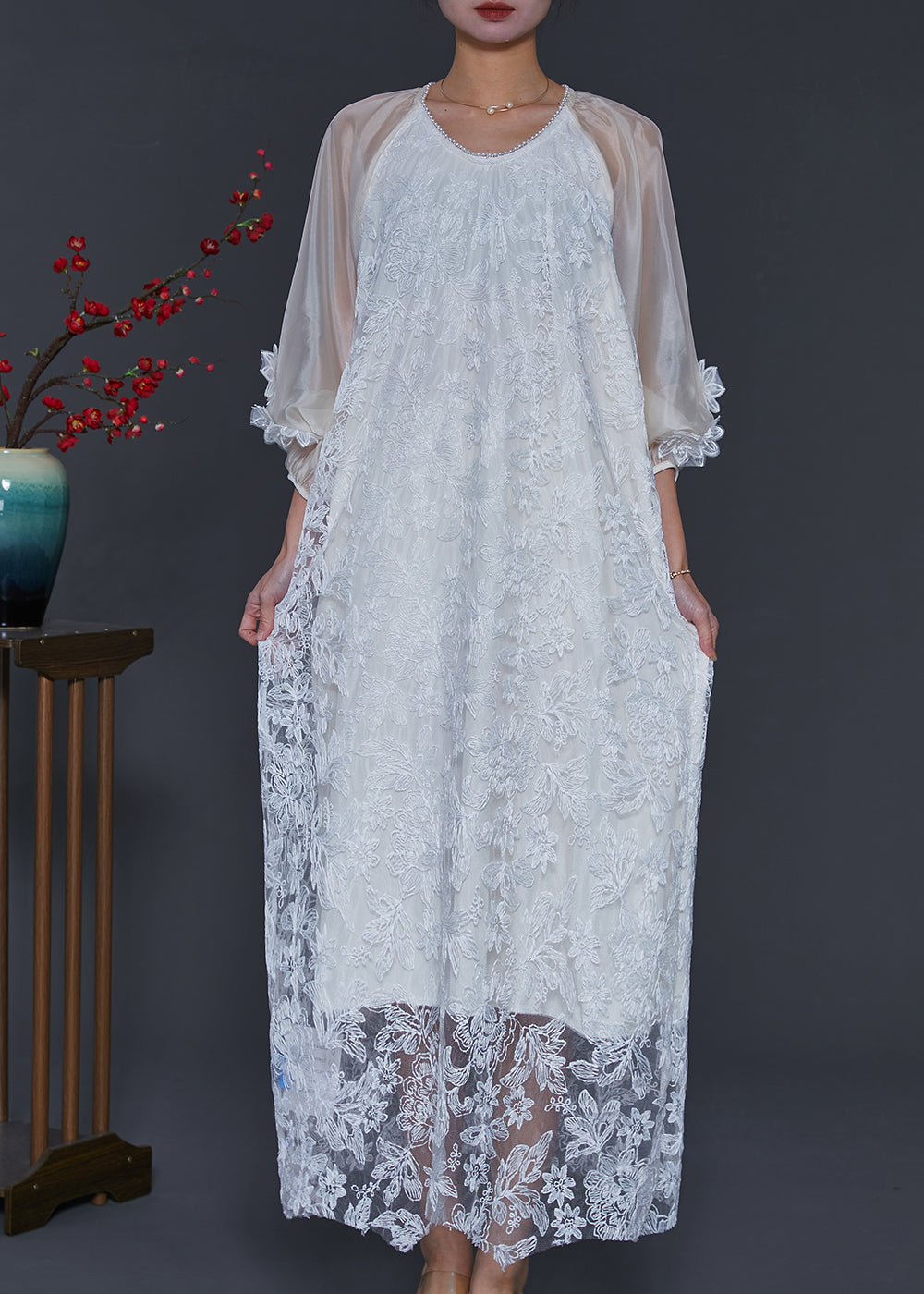 White Embroidered Tulle Robe Dresses Lantern Sleeve