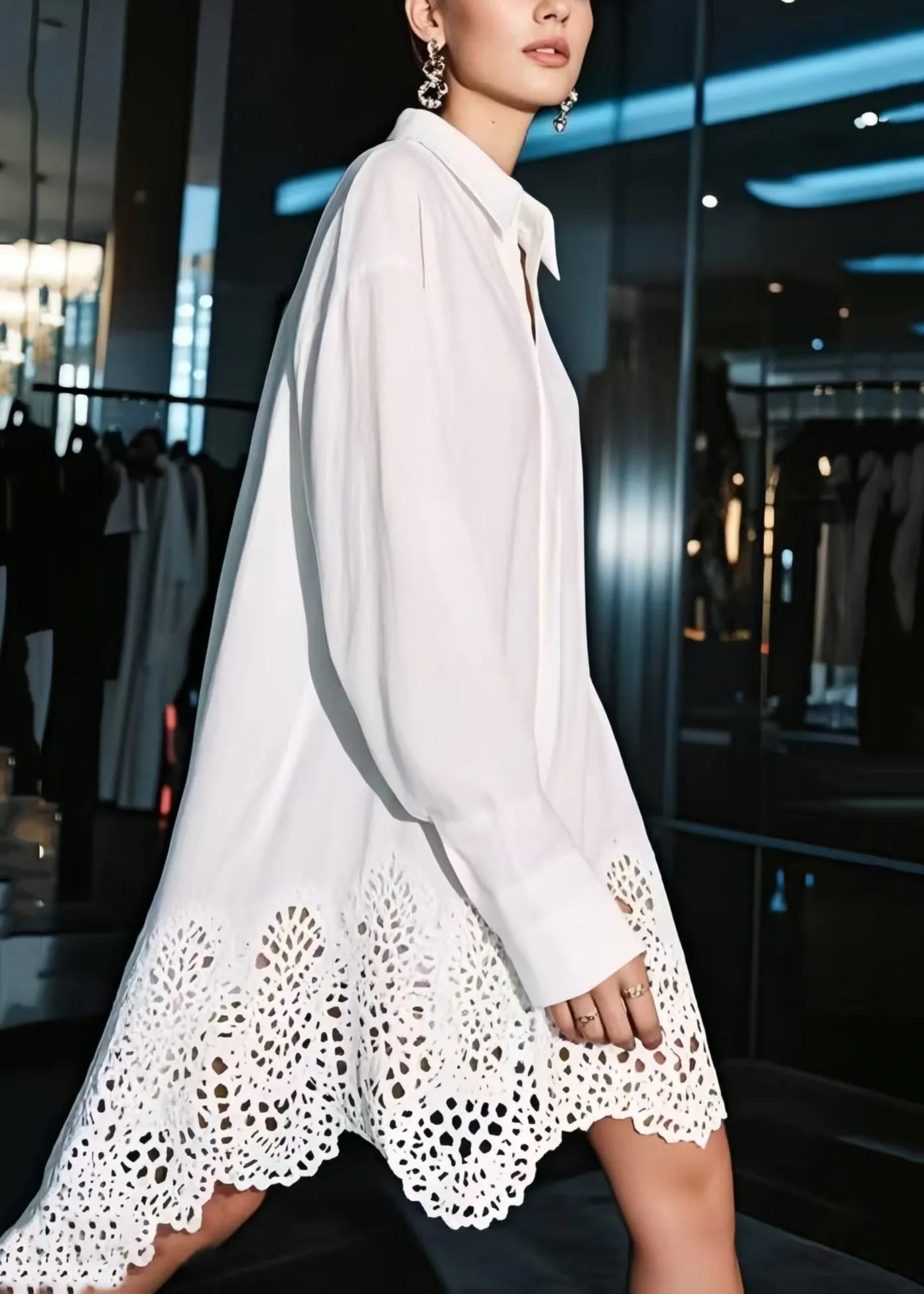 White Oversized Hollow Out Cotton Shirt Dresses Spring