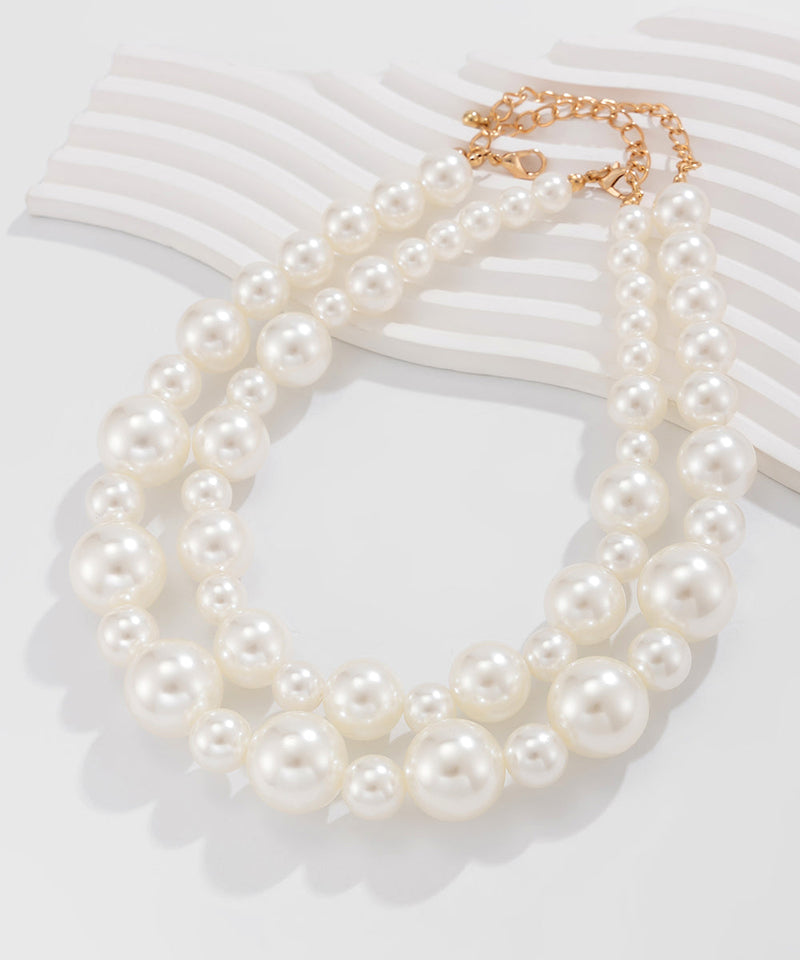 White Sterling Silver Alloy Pearl Gratuated Bead Necklace Two-piece Set