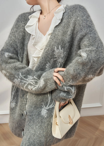 Boutique Grey Embroidered Sequins Cotton Knit Cardigan Spring