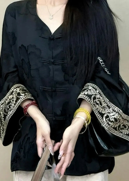 Chinese Style Black O-neck Jacquard Button Silk Coats Long Sleeve