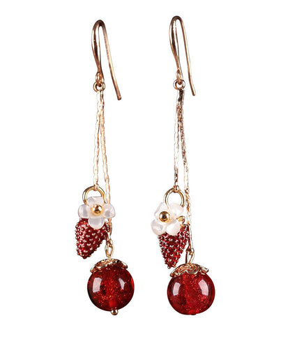 Red Copper Cloisonne Cloured Glaze Strawberry Shell Flower Drop Earrings