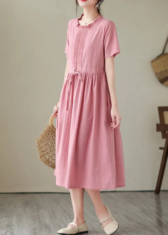 Green O-neck Patchwork Tie Waist Linen Long Dresses Short Sleeve