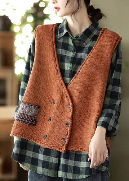 Classy Caramel V Neck Button Patchwork Knit Vest Spring
