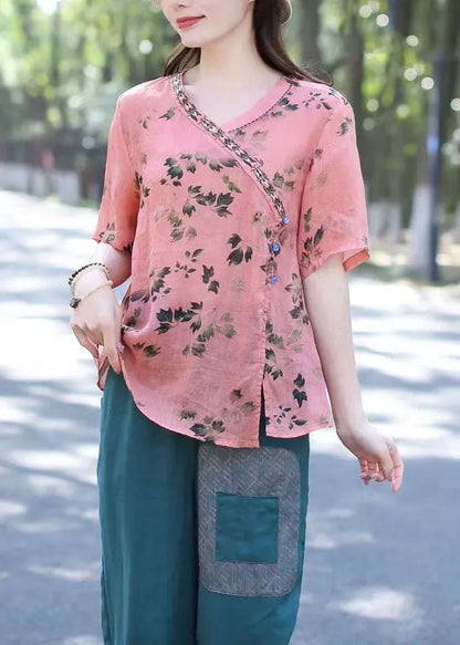 Pink V Neck Print Patchwork Linen Shirt Top Summer
