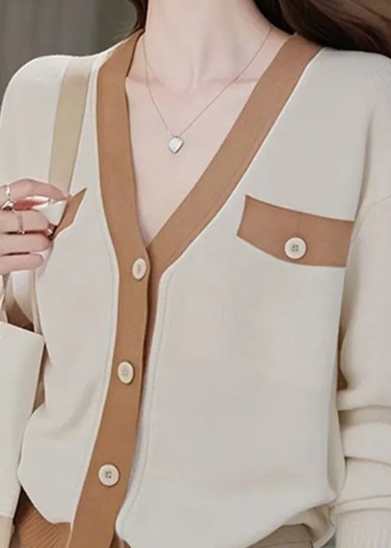 Colorblock V Neck Patchwork Button Cotton Knit Cardigans Fall