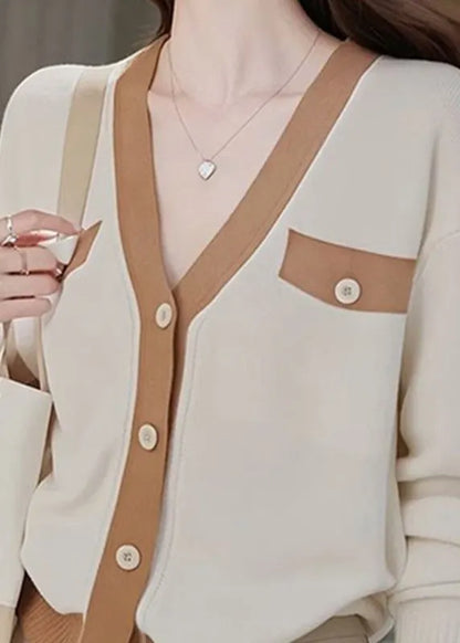 Colorblock V Neck Patchwork Button Cotton Knit Cardigans Fall