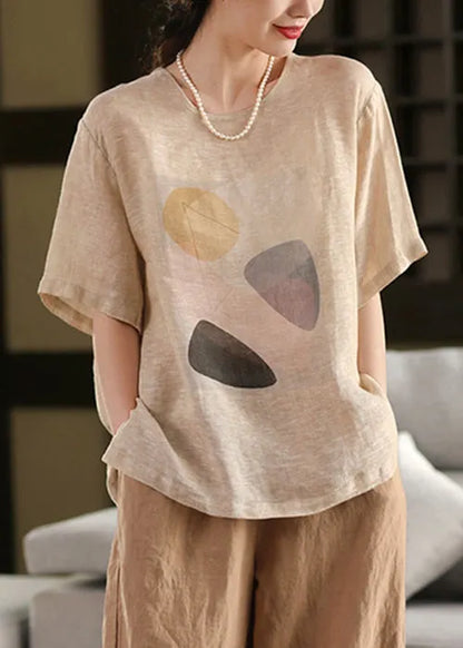 Dark Grey Print Linen Summer Pullover T Shirt O Neck