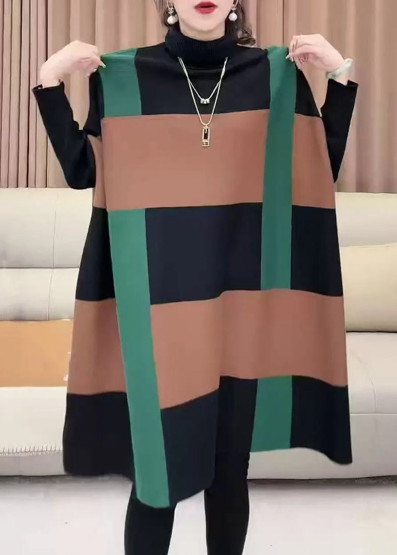 Loose Striped Turtleneck Patchwork Knit Sweater Batwing Sleeve