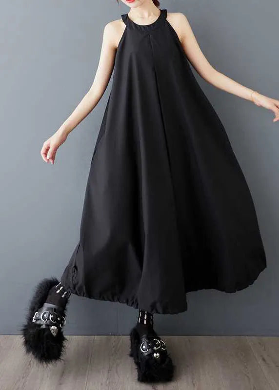 Black O Neck Wrinkled Drawstring Cotton Dress Sleeveless