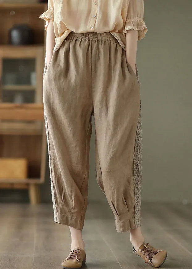 Khaki Patchwork Linen Crop Pants Elastic Waist Oversized Pockets Spring
