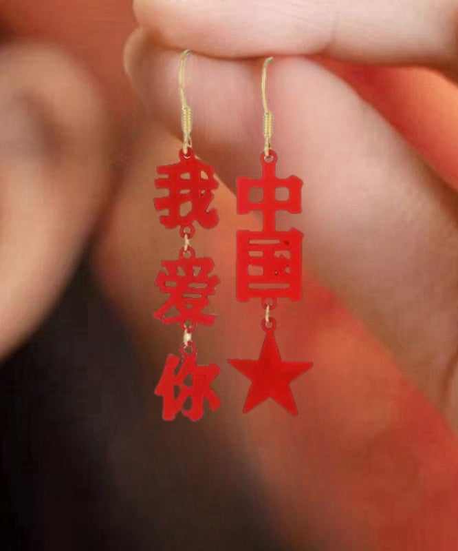 Red Copper Alloy I Love You China Hollow Out Drop Earrings
