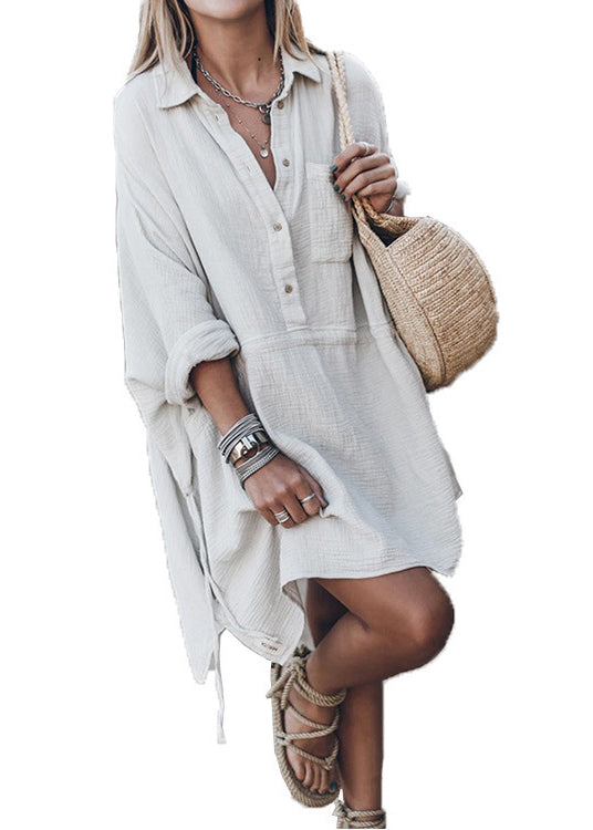 White Peter Pan Collar Drawstring Cotton Shirts Dresses Spring