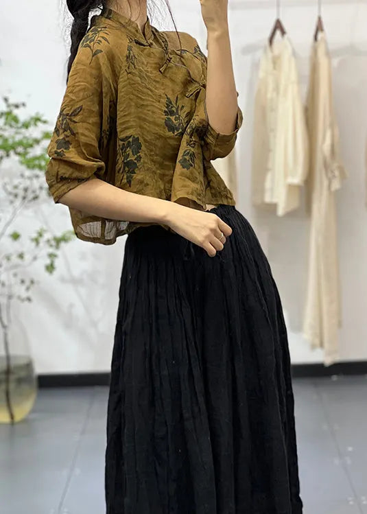 Yellow Stand Collar Print Linen Top Bracelet Sleeve