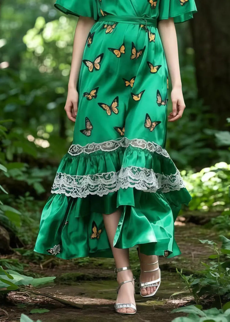 Tea Green Butterfly Patchwork Lace Silk Tunic Dress Summer