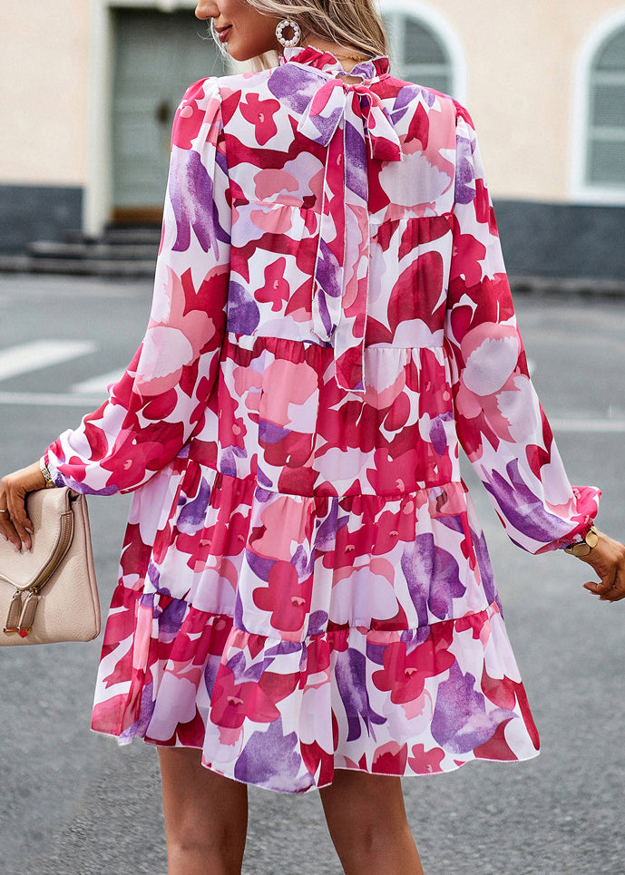 Rose Ruffled Print Cotton Mid Dress Fall