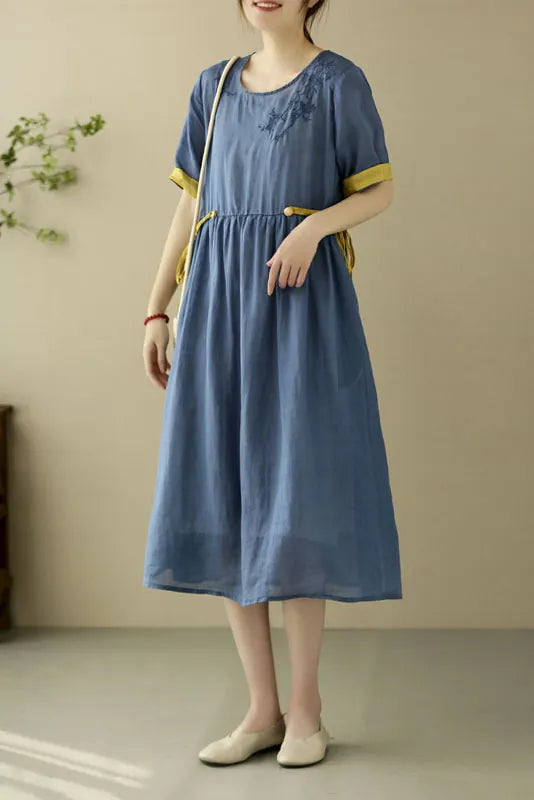 Summer Yellow Linen Embroidered Dress Short Sleeve Loose Dress