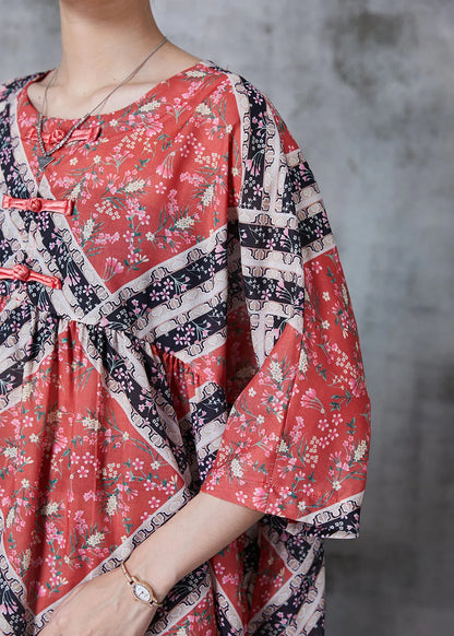 Red Oversized Print Cotton Mid Dresses Summer