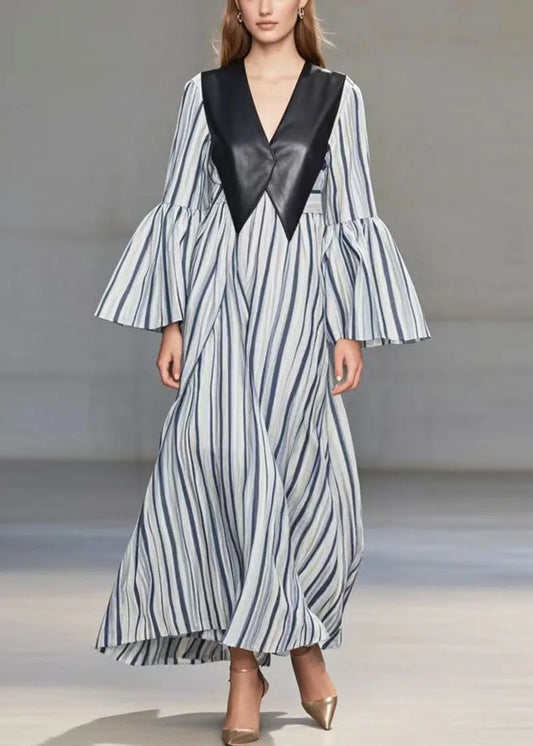 Blue Striped Patchwork Faux Leather Cotton Long Dress Flare Sleeve