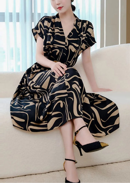 Black Print Silm Fit Chiffon Dress Summer