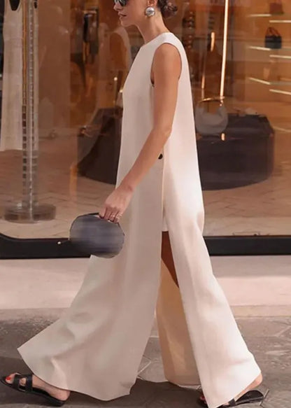 Loose White Side Open Cotton Long Dresses Sleeveless