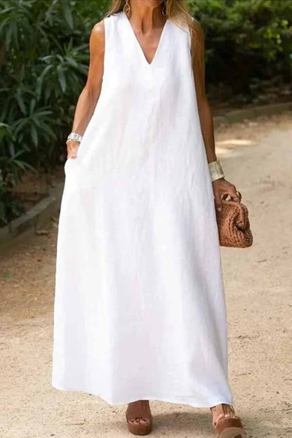 Deep V-neck Sleeveless Long White Cotton and Linen Dress