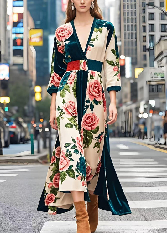 Peacock Green Cinched Print Silk Velvet Dress Spring