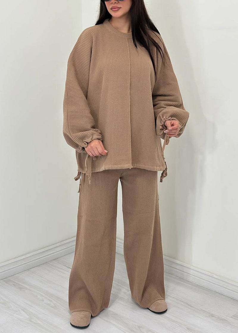 Green O Neck Tops and Pants Cotton Two Pieces Set Fall