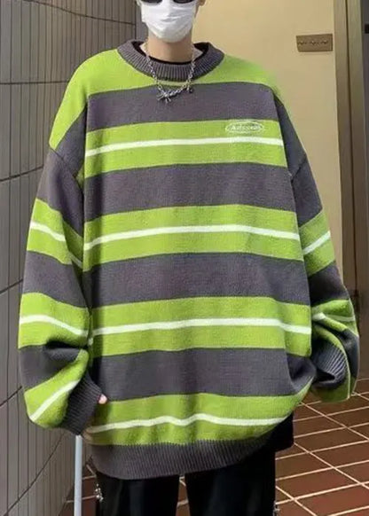 New Green O Neck Striped Knit Sweaters Winter