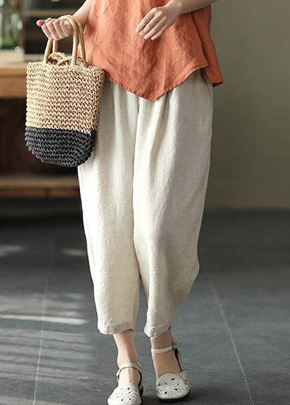 Linen Colour Drawstring Pockets Elastic Waist Linen Crop Pants Summer