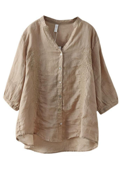 French Yellow Flower Embroidered V Neck Ramie Blouse Top Summer