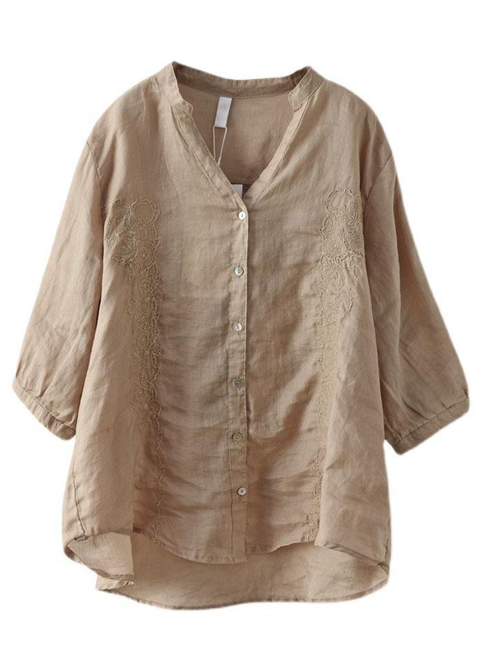 French Khaki Embroidered V Neck Ramie Blouse Top Summer