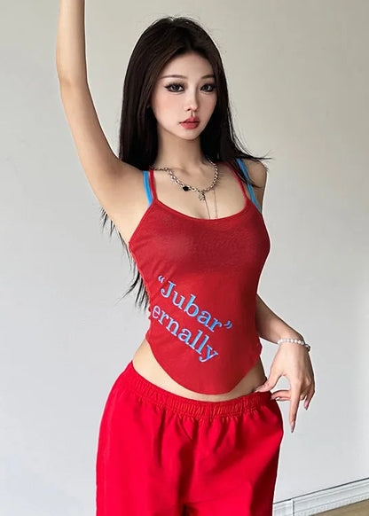 Summer Purple Letter Print Asymmetrical Design Tank Top